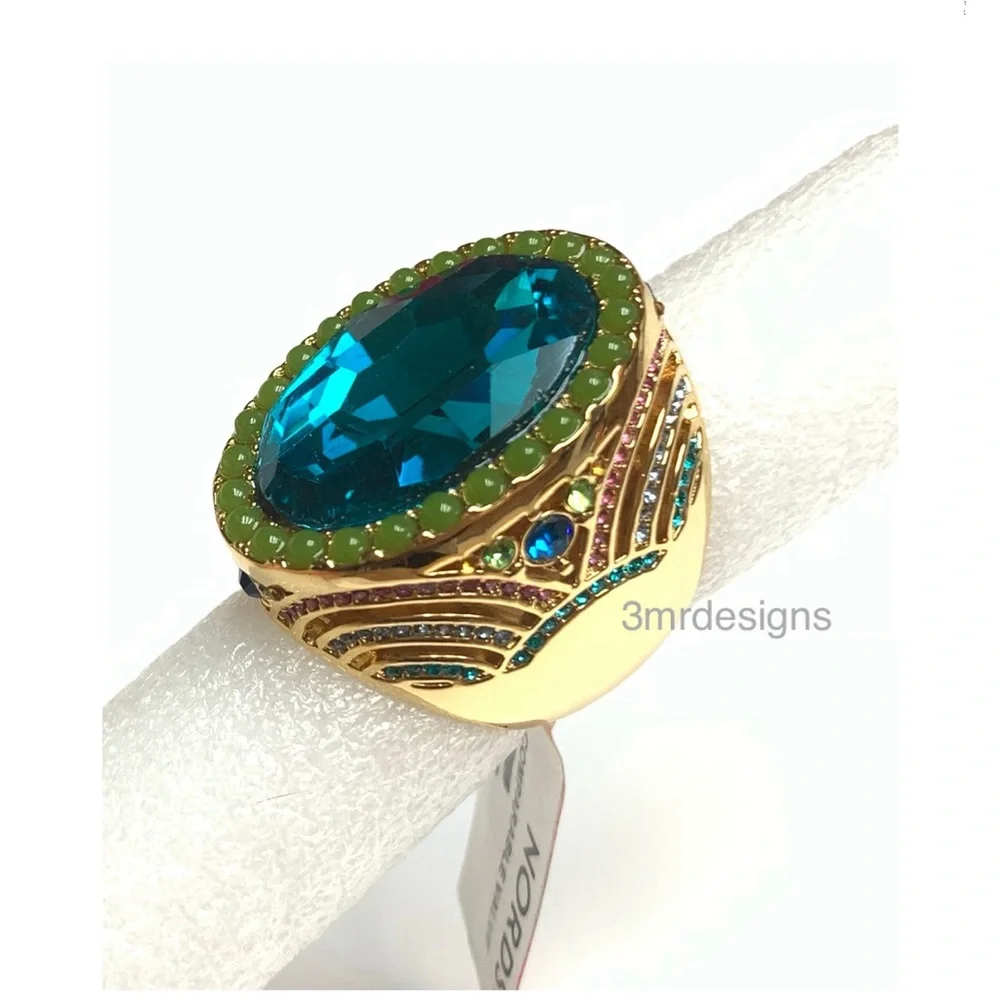 NWT KURT GEIGER LONDON Oval-Cut Gold Tone Turquoise CZ Crystal X-Large Ring - Picture 4 of 12